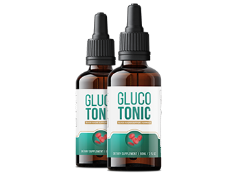 Glucotonic Amazon: Two brown dropper bottles of GlucoTonic dietary supplement with green and white labels featuring red capsules and the text 'Blood Sugar Support Formula'
