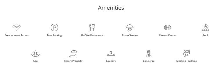 Secrets Royal Beach Punta Cana Resort Map: Your Ultimate Guide to Paradise - Icons representing amenities at Secrets Royal Beach Punta Cana Resort Map, including free internet access, free parking, on-site restaurant, room service, fitness center, pool, spa, resort property, laundry services, concierge, and meeting facilities