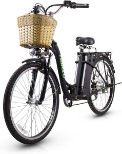 Black Nakto electric bicycle with a front wicker basket, step-through frame, rear-mounted battery, and front suspension fork, shown from a front-side angle on a white background.