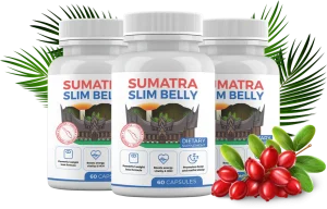 Sumatra Slim Belly Tonic Reviews: Three bottles of Sumatra Slim Belly dietary supplement, each containing 60 capsules, displayed with a tropical background and red berries in the foreground. The label highlights benefits such as powerful weight loss, boosted energy and HGH levels, and improved sleep.