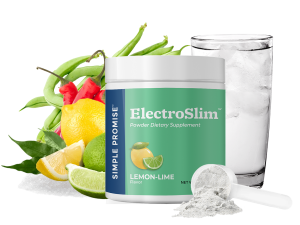 Container of ElectroSlim Lemon-Lime Powder Dietary Supplement by Simple Promise, surrounded by fresh lemons, limes, green beans, red chili peppers, a scoop of powder, and a glass of ice water