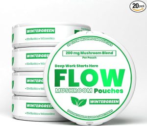 A stack of white containers labeled "FLOW Mushroom Pouches" with "Wintergreen" flavor. The front container highlights "200 mg Mushroom Blend Per Pouch," "Nicotine Free," "Tobacco Free," and the phrase "Deep Work Starts Here." The packaging emphasizes natural ingredients and productivity benefits.