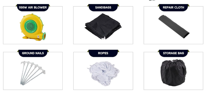 An assortment of accessories for an inflatable nightclub, including a 1100W air blower, sandbags, repair cloth, ground nails, ropes, and a storage bag. Each item is labeled with its name for easy identification.