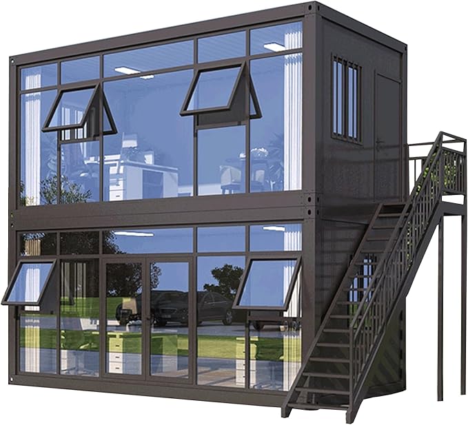 Two-story modern mini home with large glass windows and a staircase, offering a sleek, industrial design. Ideal for those searching for mini homes for sale or a mini home for sale.