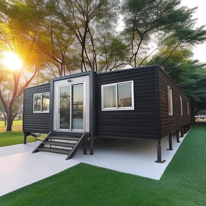 A sleek, modern black mini home for sale elevated on metal stilts, set in a tranquil outdoor environment with artificial grass and surrounded by tall trees. This stylish mini home features large windows, a glass door entrance, and a compact footprint, ideal for sustainable living. Perfect for those searching for mini homes for sale with a minimalist design.