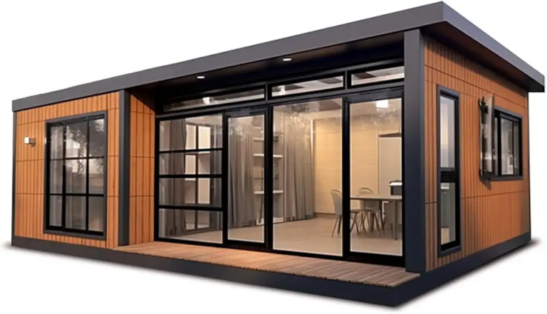 Modern mini home with wooden siding and large glass doors, showcasing a spacious interior with a dining area. Ideal for those looking for mini homes for sale or a mini home for sale.
