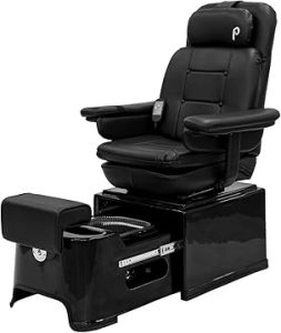Pedicure Chair Package Deals - Black luxury pedicure spa chair with padded seat and backrest, adjustable footrest, armrests, built-in remote control, and integrated foot spa basin on a glossy black base.
