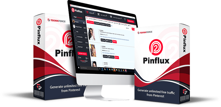 Pinflux software packaging and computer screen displaying the user interface of the Pinflux tool, designed for generating unlimited free traffic from Pinterest. The product is by Teknikforce and includes two software boxes and a desktop monitor